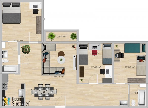 3B + 2B Floor Plan - 3 Bedroom, 2 Bathroom