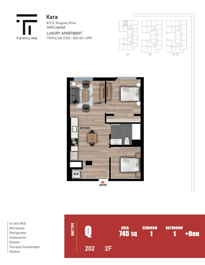 Floor Plan - 1 Bed 1 Bath +Den - 745 sqft