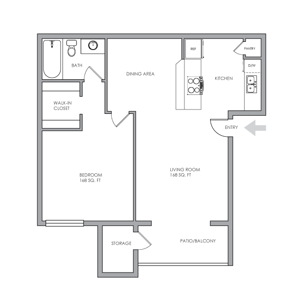 2D - One-Bedroom, One-Bathroom Floor Plan - One Bedroom - One Bath