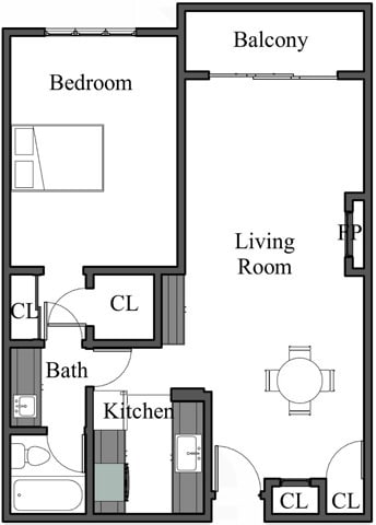 X04X106 - 1 Bedroom 1 Bathroom - 1BR 1BA - FLOOR PLAN E - 972 HILGARD