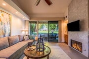 LIVING ROOM WITH VAULTED CEILINGS &FIREPLACE - 334 S Sierra Madre Townhome