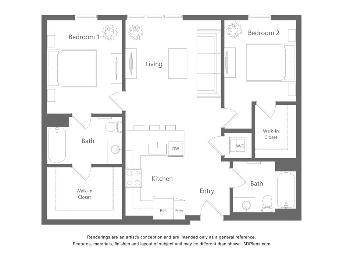 Floor Plan - 2 Bed 2 Bath - 1013 sqft