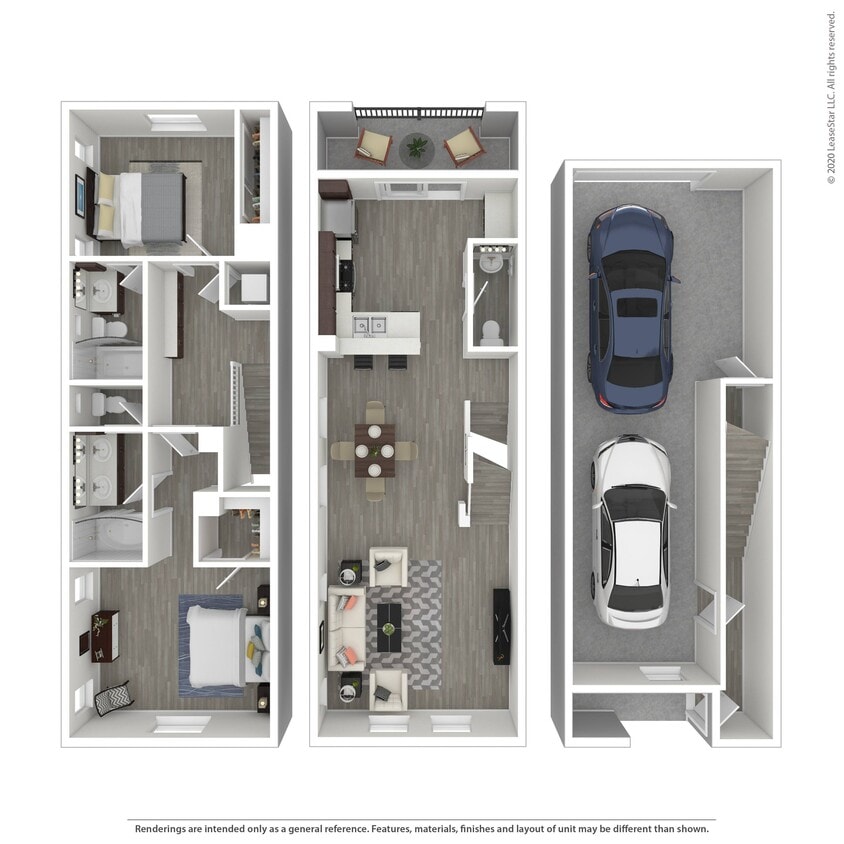 Multi-level two bedroom, two-and-a-half bath townhome. Bedrooms on the top floor with bathrooms in each bedroom for privacy. Washer and dryer included on the second floor for easy access. Attached, two-car tandem garage included. - A2