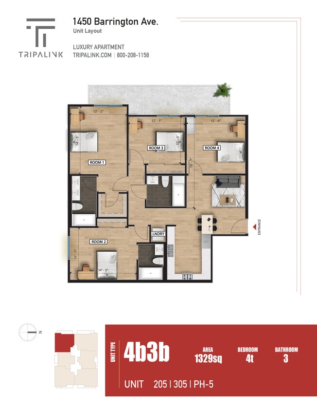 Floor Plan - 4 Bed 3 Bath - 1329 sqft
