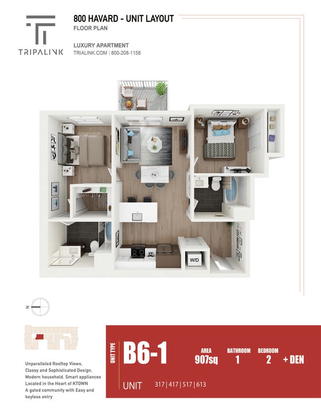 Floor Plan - 1 Bed 2 Bath +Den - 907 sqft