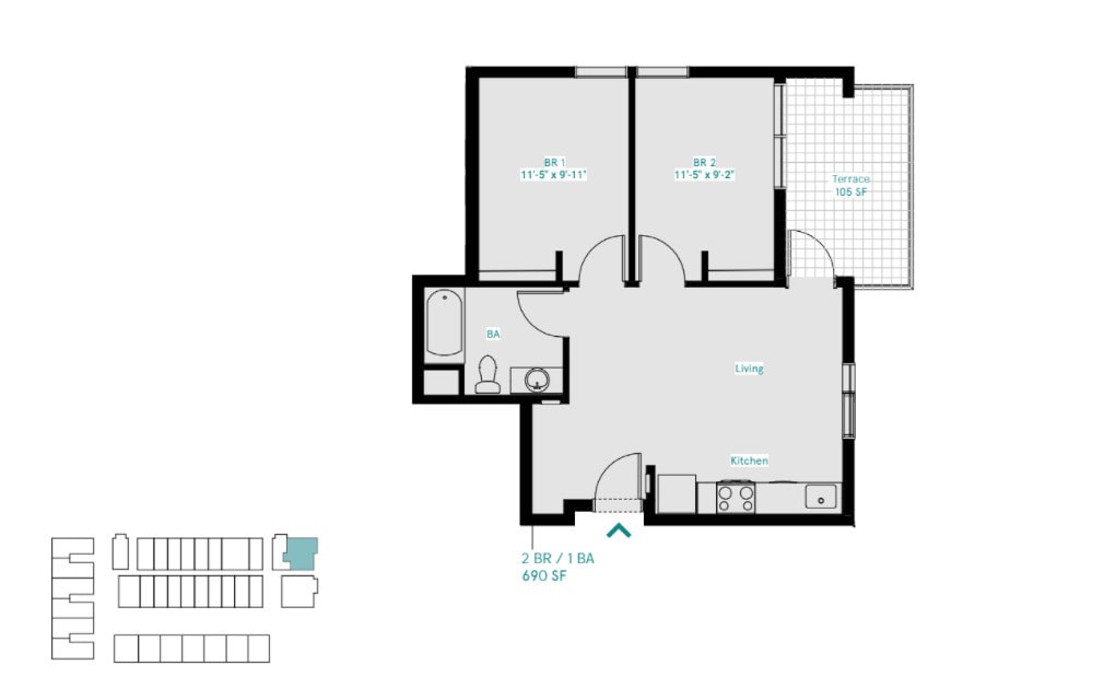Floor Plan - 2-Bedroom 1-Bathroom Traditional Unit