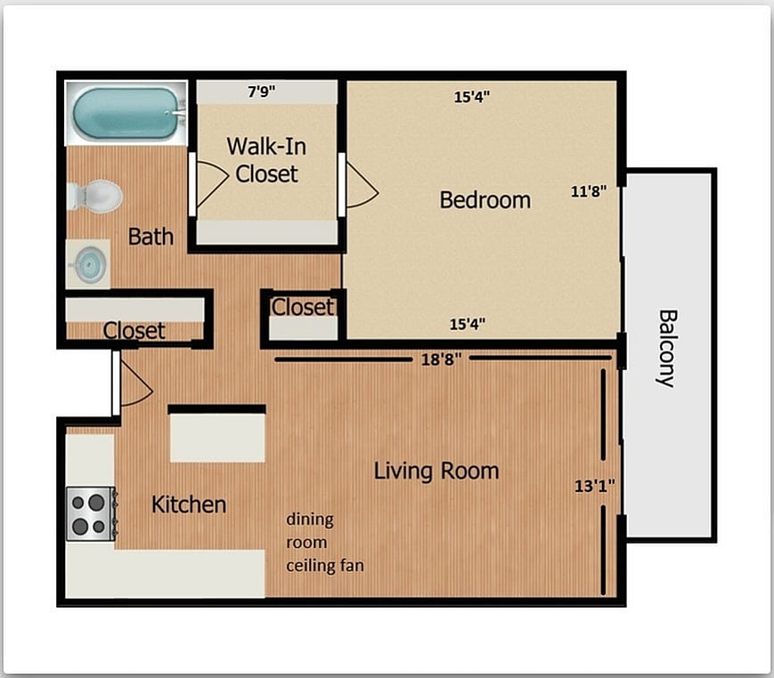 Sur A, B, C, D, J, K - Floor Plan (measurements) - Sur Large 1BR - 1x1B - (1BR)
