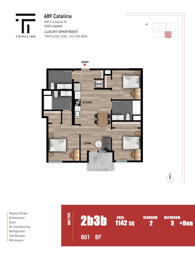 Floor Plan - 3 Bed 3 Bath +Den - 1142 sqft