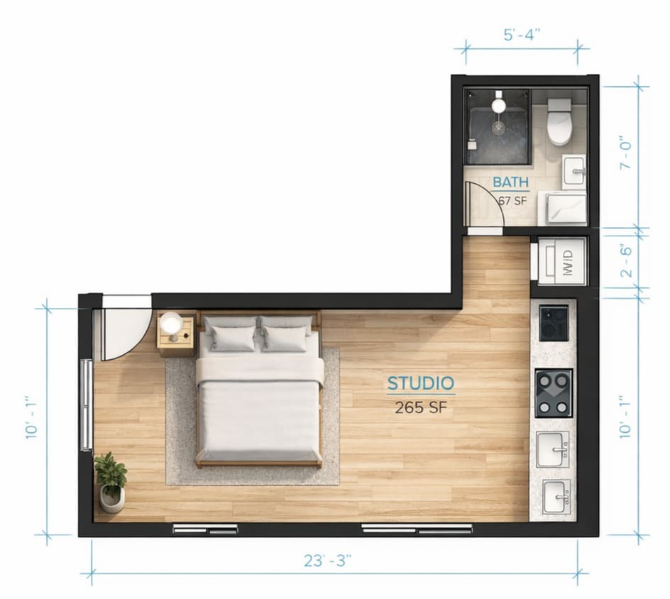 Floor Plan - Studio / 1 Bath - F