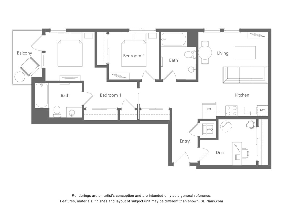 Floor Plan - 2 Bed 2 Bath +Den - 1080 sqft