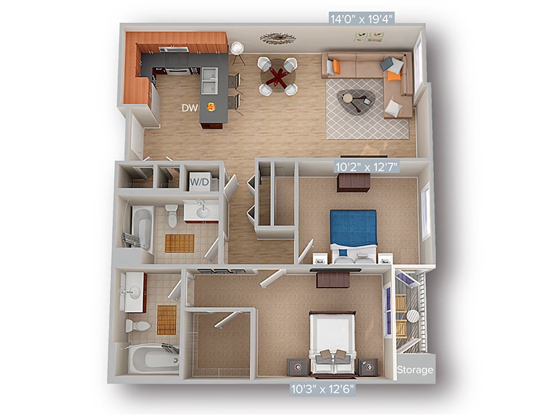 Floor Plan - 2 Bed 2 Bath 1057