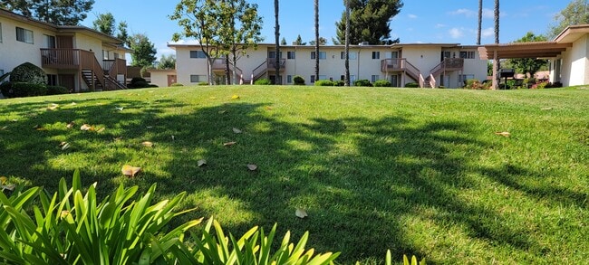 Large grassy areas with well cared for landscaping around buildings at Plaza Verde Apartments in Escondido, California. - Plaza Verde