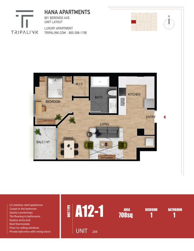 Floor Plan - 1 Bed 1 Bath - 708 sqft