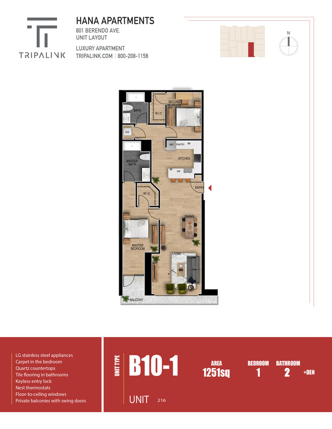 Floor Plan - 1 Bed 2 Bath - 1251 sqft