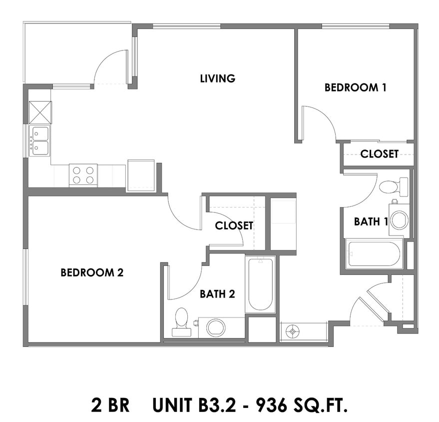 Floor Plan - 2 Bed 2 Bath - 936 sqft