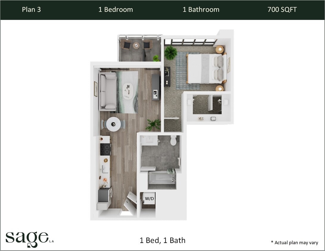 Floor Plan - 1 Bedroom, 1 Bath Plan 3