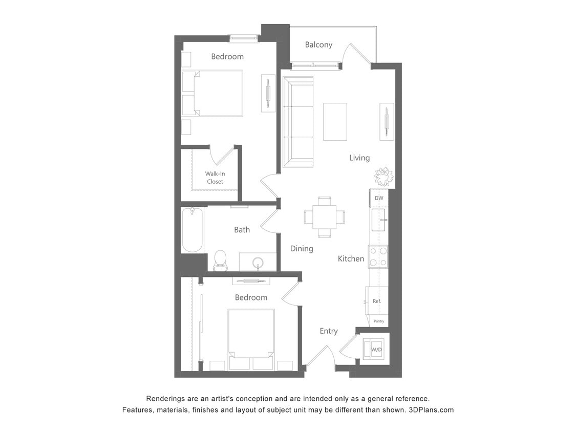 Floor Plan - 2 Bed 1 Bath - 866 sqft