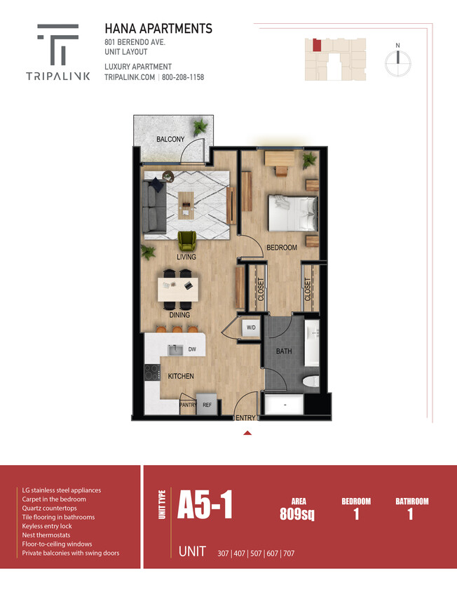 Floor Plan - 1 Bed 1 Bath - 809 sqft