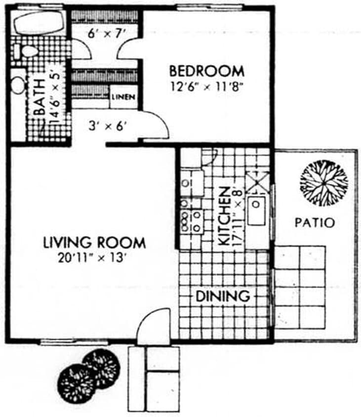 Floor Plan - 1 Bedroom - E Floorplan - with Patio