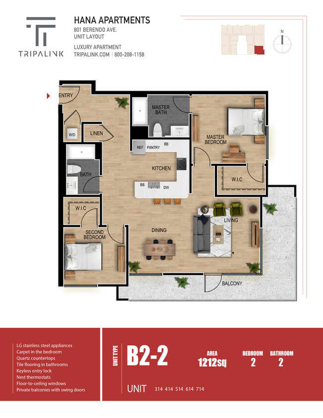 Floor Plan - 2 Bed 2 Bath - 1212 sqft