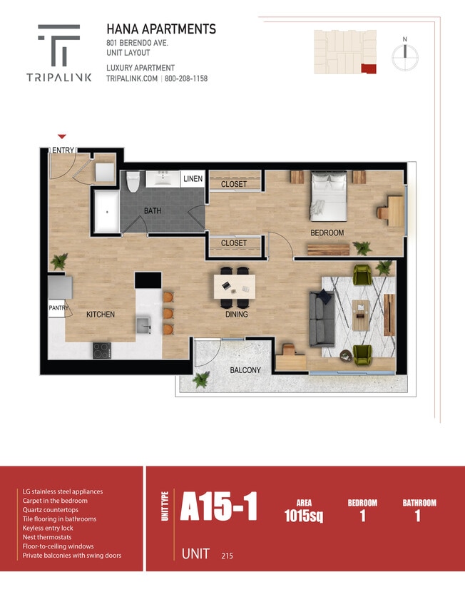 Floor Plan - 1 Bed 1 Bath - 1015 sqft