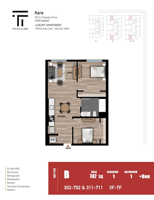Floor Plan - 1 Bed 1 Bath +Den - 734 sqft