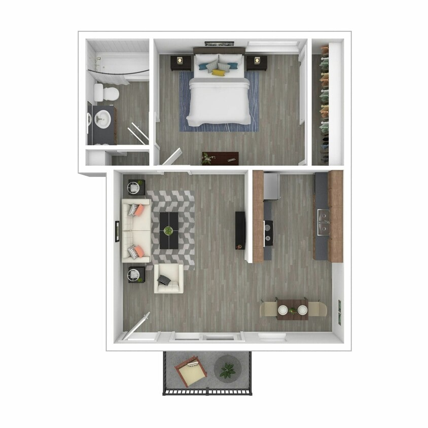 One-Bedroom, One-Bathroom 3D Furnished Floor Plan - 1+1 B