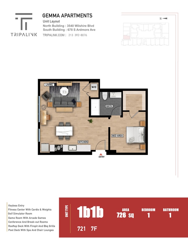 Floor Plan - 1 Bed 1 Bath - 726 sqft