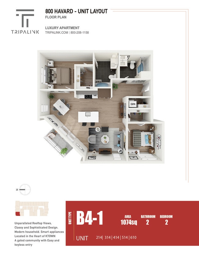 Floor Plan - 2 Bed 2 Bath - 1074 sqft