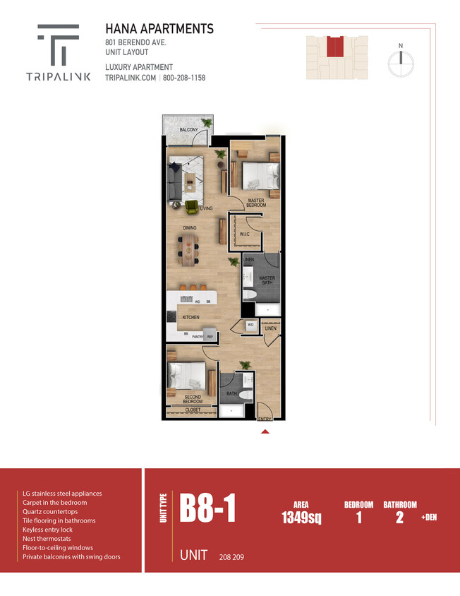 Floor Plan - 1 Bed 2 Bath - 1349 sqft