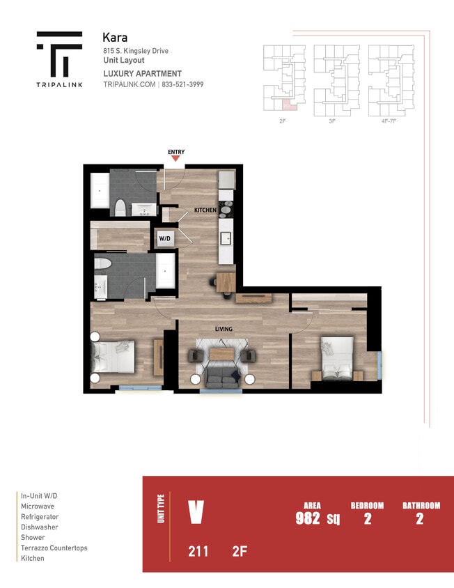 Floor Plan - 2 Bed 2 Bath - 982 sqft