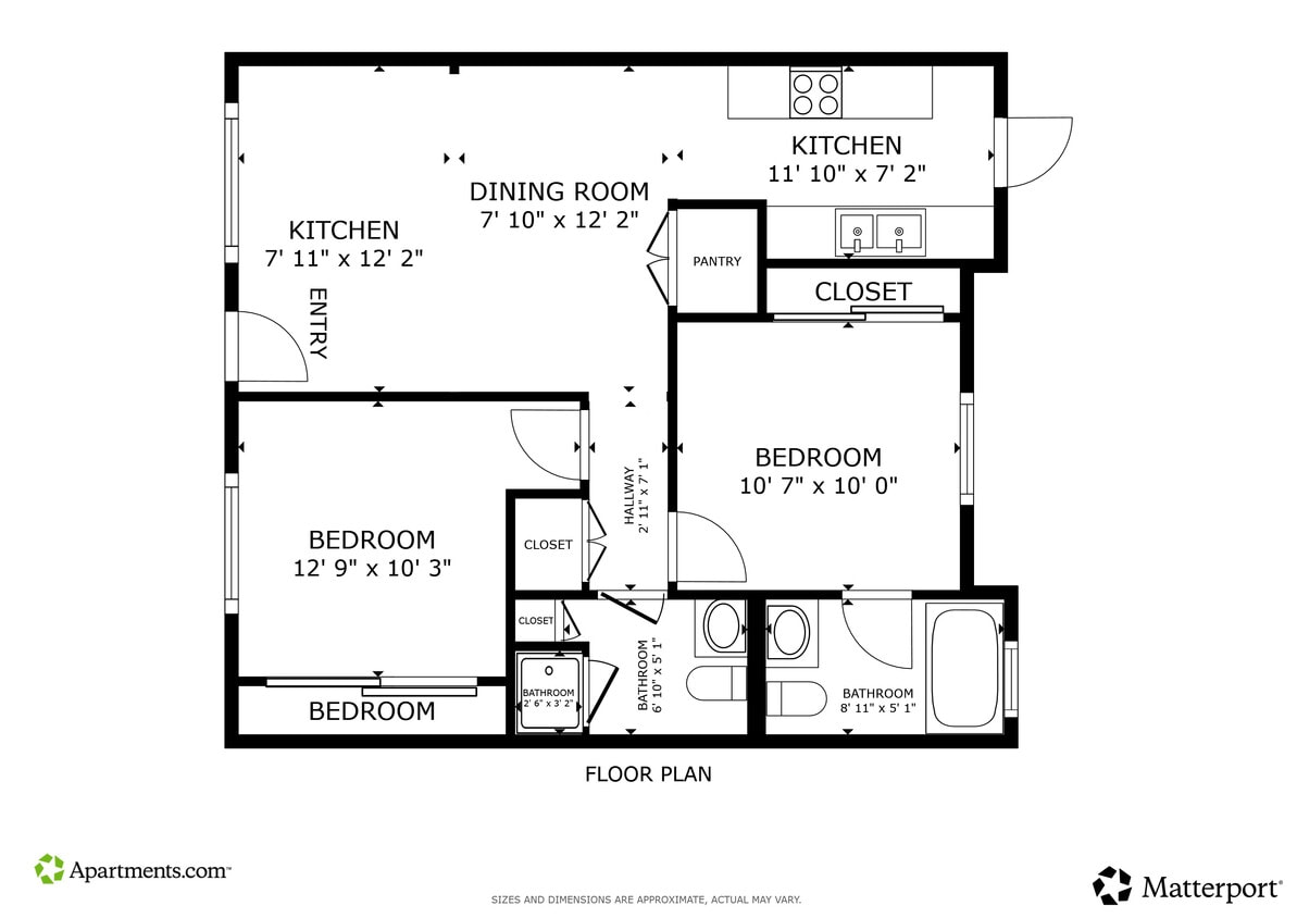 2BR, 2BA - 1,000SF - Floor Plan - 2 Bed 2 Bath