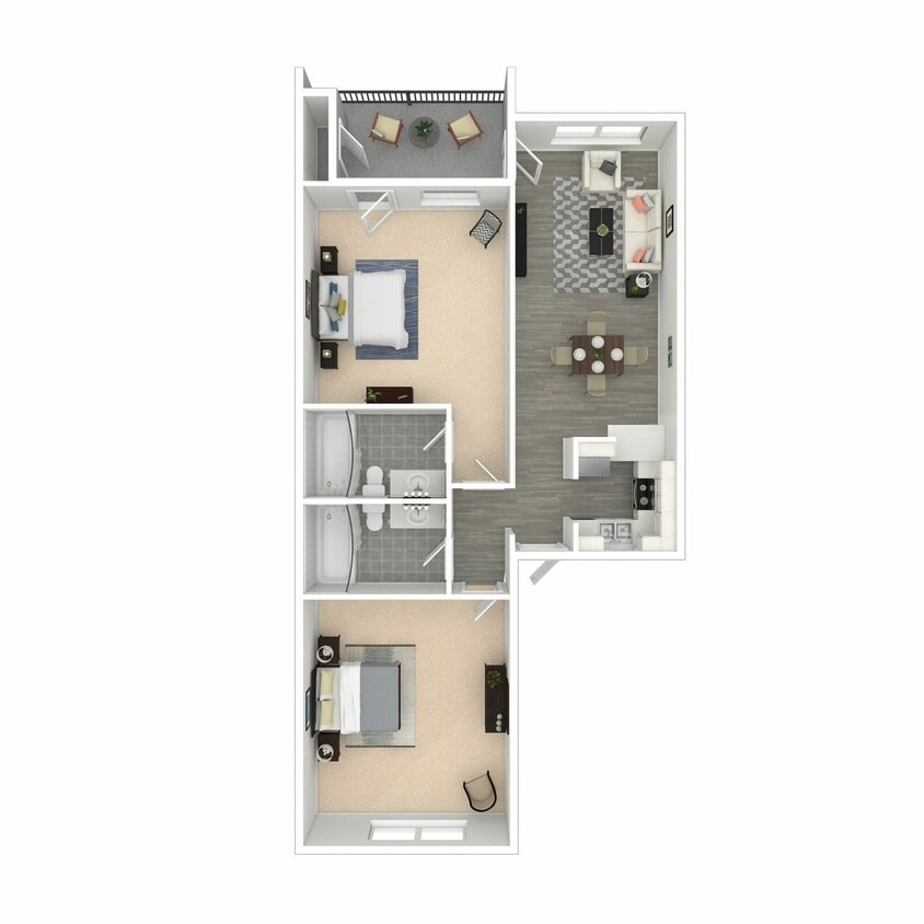 Two-Bedroom, Two-Bathroom - 3D Furnished Floor Plan - 2X2RX