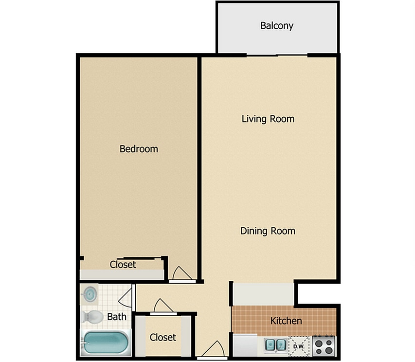 Hermosa D-E-H Floor Plan - Hermosa D, E, H - 1X1A - (1BR)