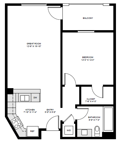 Floor Plan - 1 Bedroom, 1 Bathroom (E)