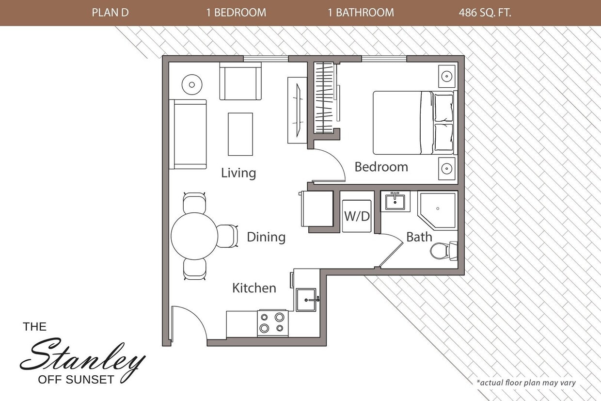 Floor Plan - 1 Bedroom, 1 Bath Plan D