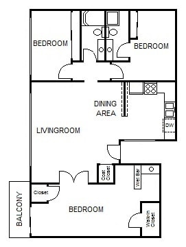 3BR/2BA - 3x2 LG