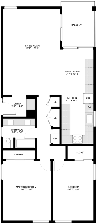 Floor Plan - 2 Bedroom, 1 Bathroom (A)