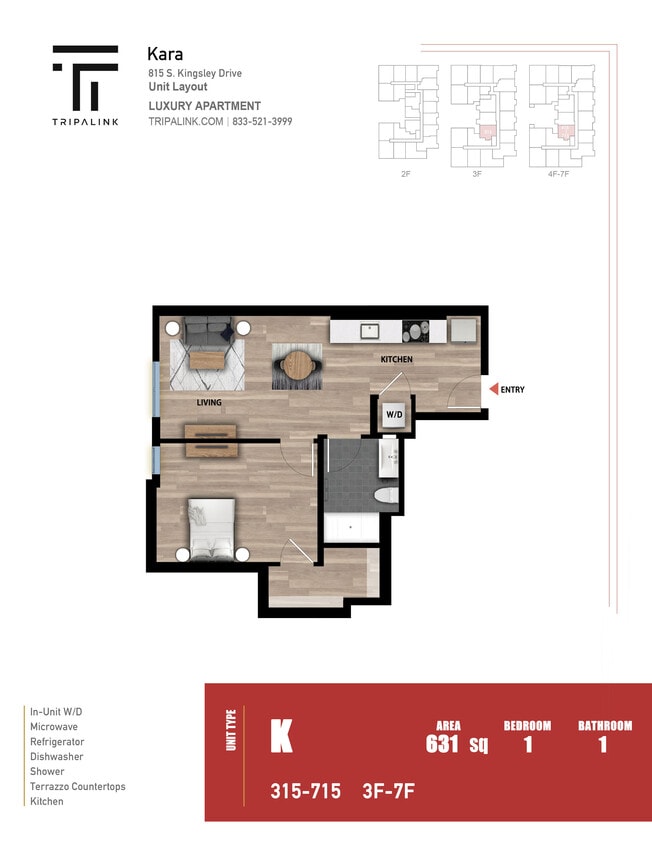 Floor Plan - 1 Bed 1 Bath - 631 sqft