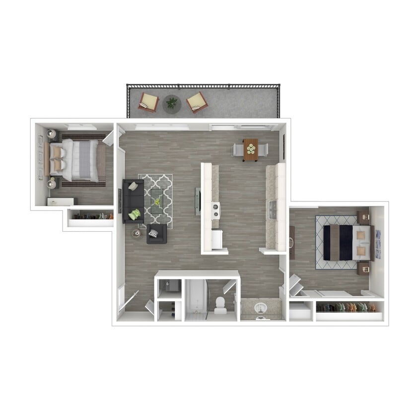 Two-Bedroom, One-Bathroom - 3D Furnished Floor Plan - 2x1