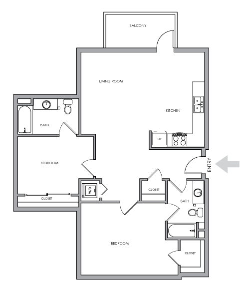 Two-Bedroom, Two-Bathroom 2D Floor Plan - 2X2 D - 2X2 D