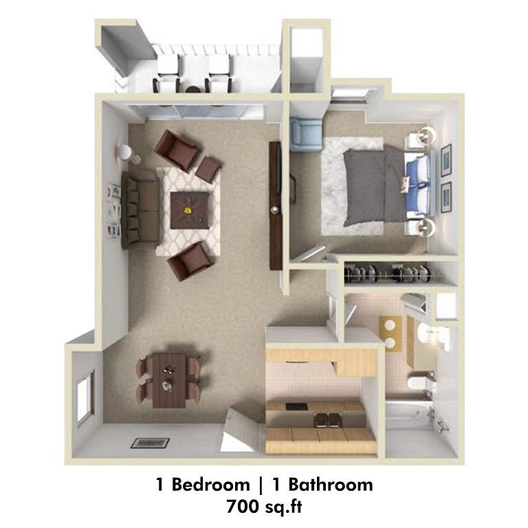 3D Rendering of a 1 Bed Floor Plan - 1x1