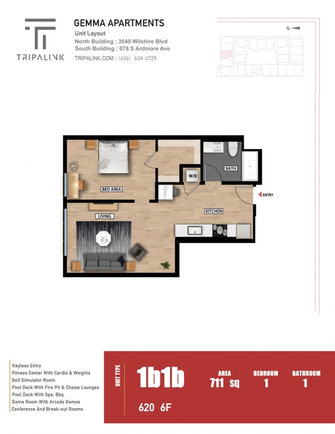 Floor Plan - 1 Bed 1 Bath - 711 sqft