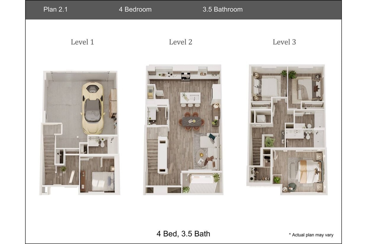 Floor Plan - 4 Bedroom, 3.5 Bath Townhouse Plan 2