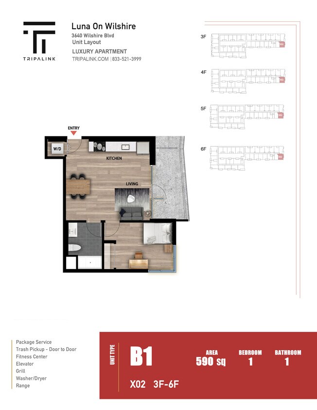 Floor Plan - 1 Bed 1 Bath - 590 sqft
