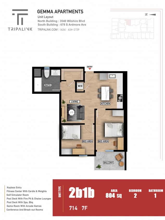 Floor Plan - 2 Bed 1 Bath - 804 sqft