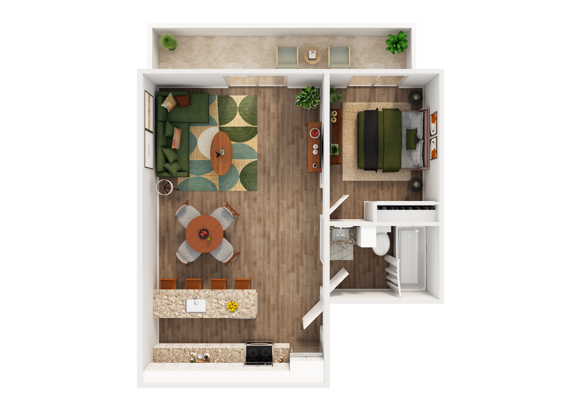 3D Rendering of a One-Bed Apartment - 1 bedroom