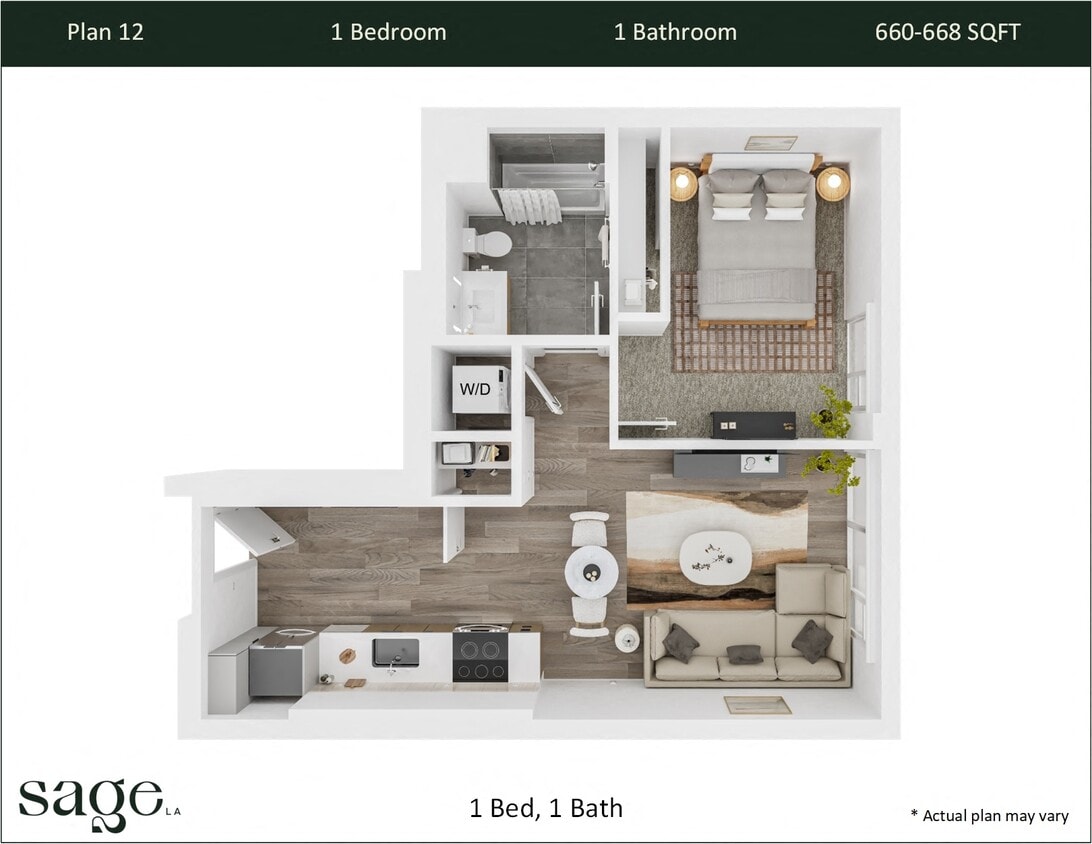 Floor Plan - 1 Bedroom, 1 Bath Plan 12