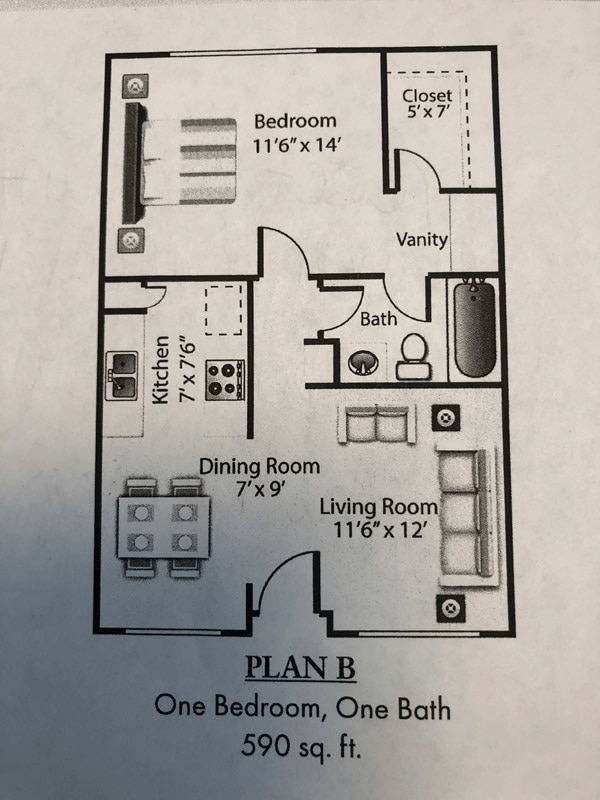 Floor Plan - 1 Bedroom, 1 Bath