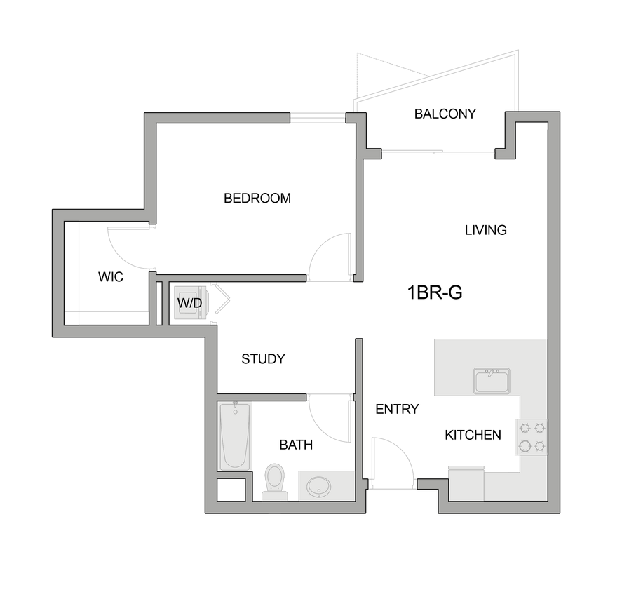 2D Floor Plan Rendering of a One-Bedroom Apartment - 1br-g